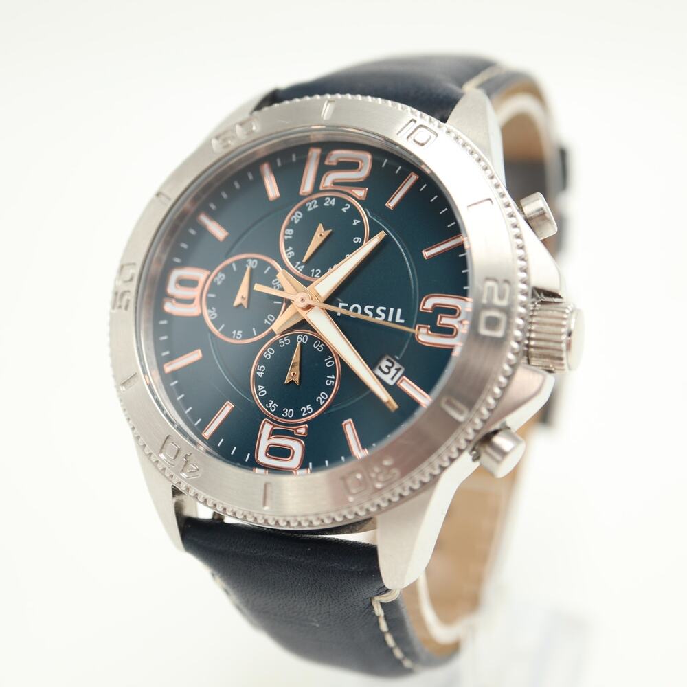 Fossil Mens Silver Tone Blue 45mm Chronograph Watch Leather BQ1631 w New Battery